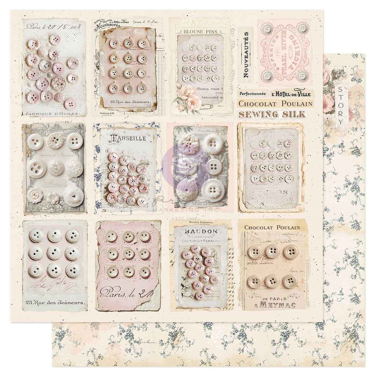 Buttons & Keepsakes Collection Scrapbook Paper - Tattered Beauties | 1 sheet, 12 x 12 | Frank Garcia | Prima Marketing Inc