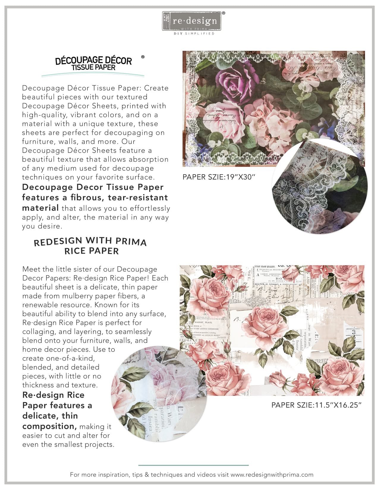A3 Decoupage Rice Paper - Floral and Dream | 1 sheet, 11.5"x16.25" | Redesign with Prima