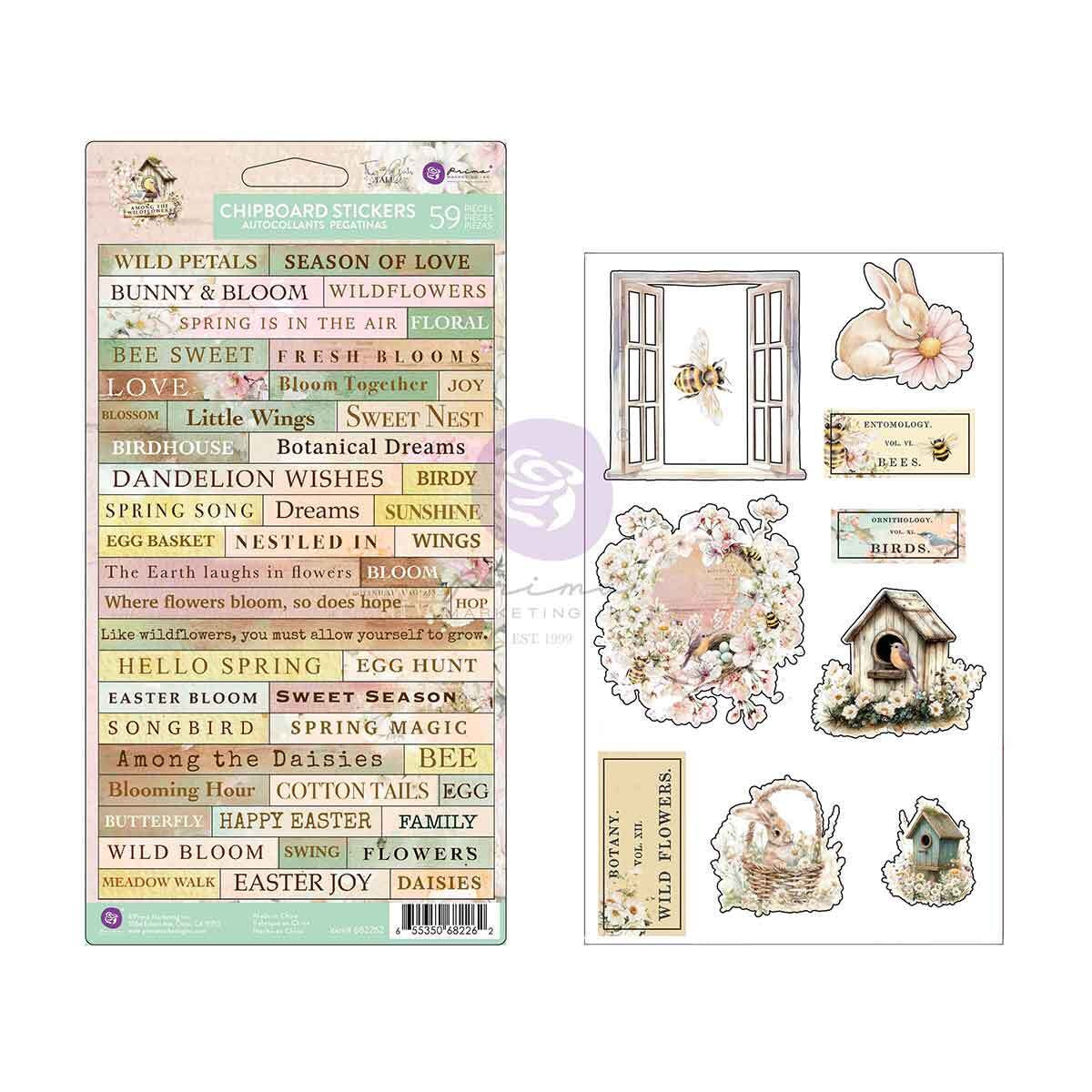 Among the Wildflowers Collection - Chipboard Stickers, 59 pcs | Three Girls Tale | Prima Marketing Inc