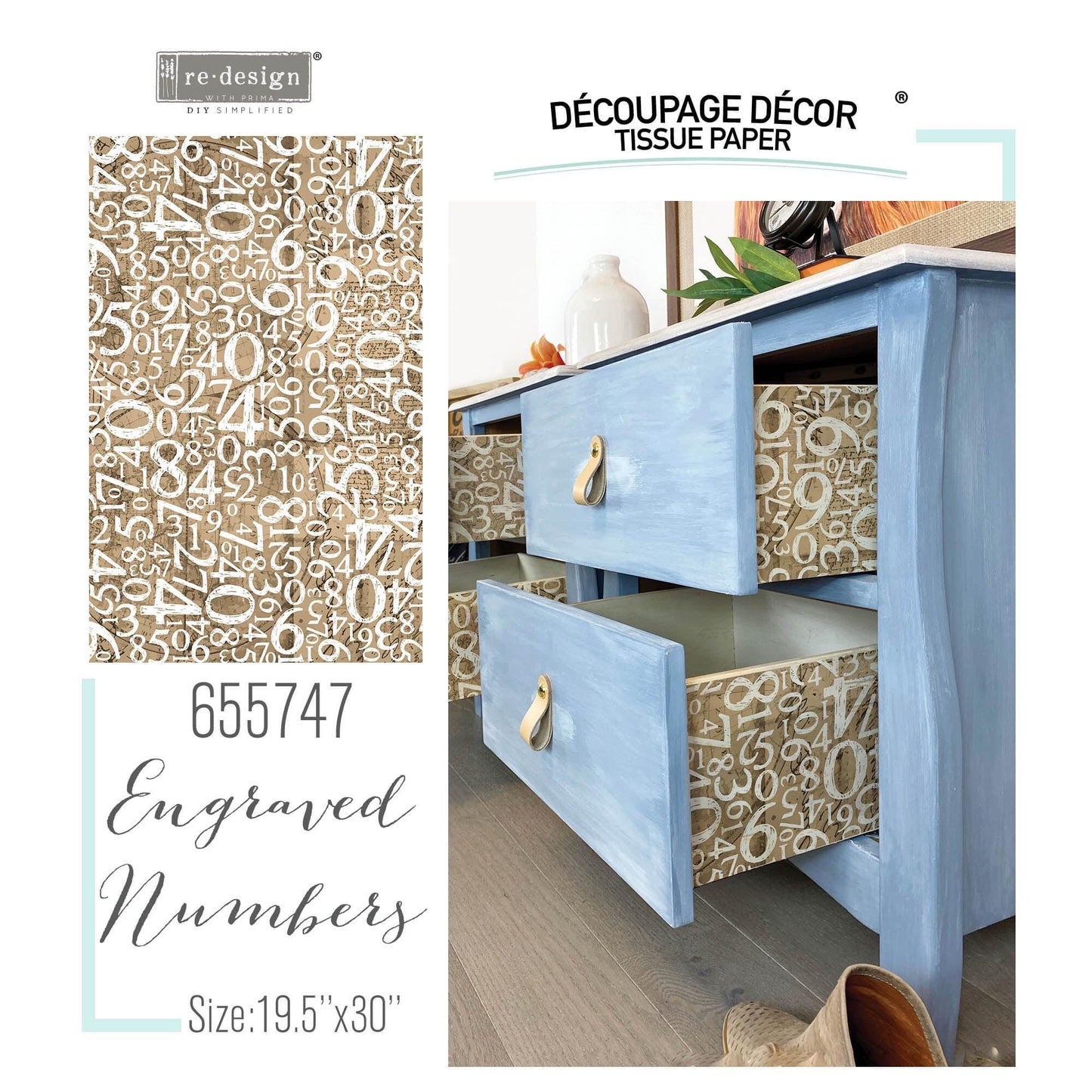 Decoupage Tissue Paper - Engraved Numbers | 19.5x30” | Redesign with Prima