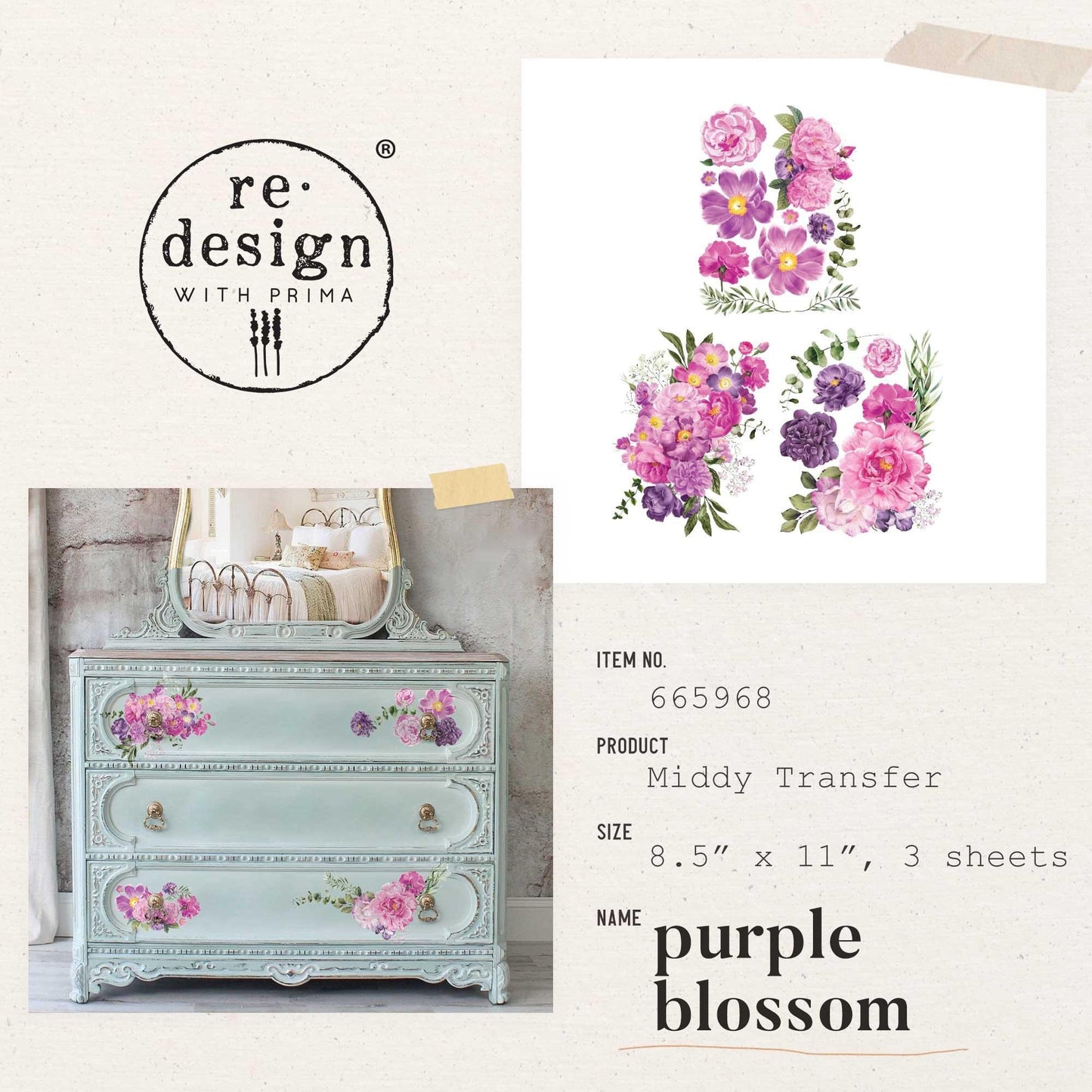 Middy Decor Transfers® - Purple Blossoms | 3 sheets, 8.5”x11” | Redesign with Prima