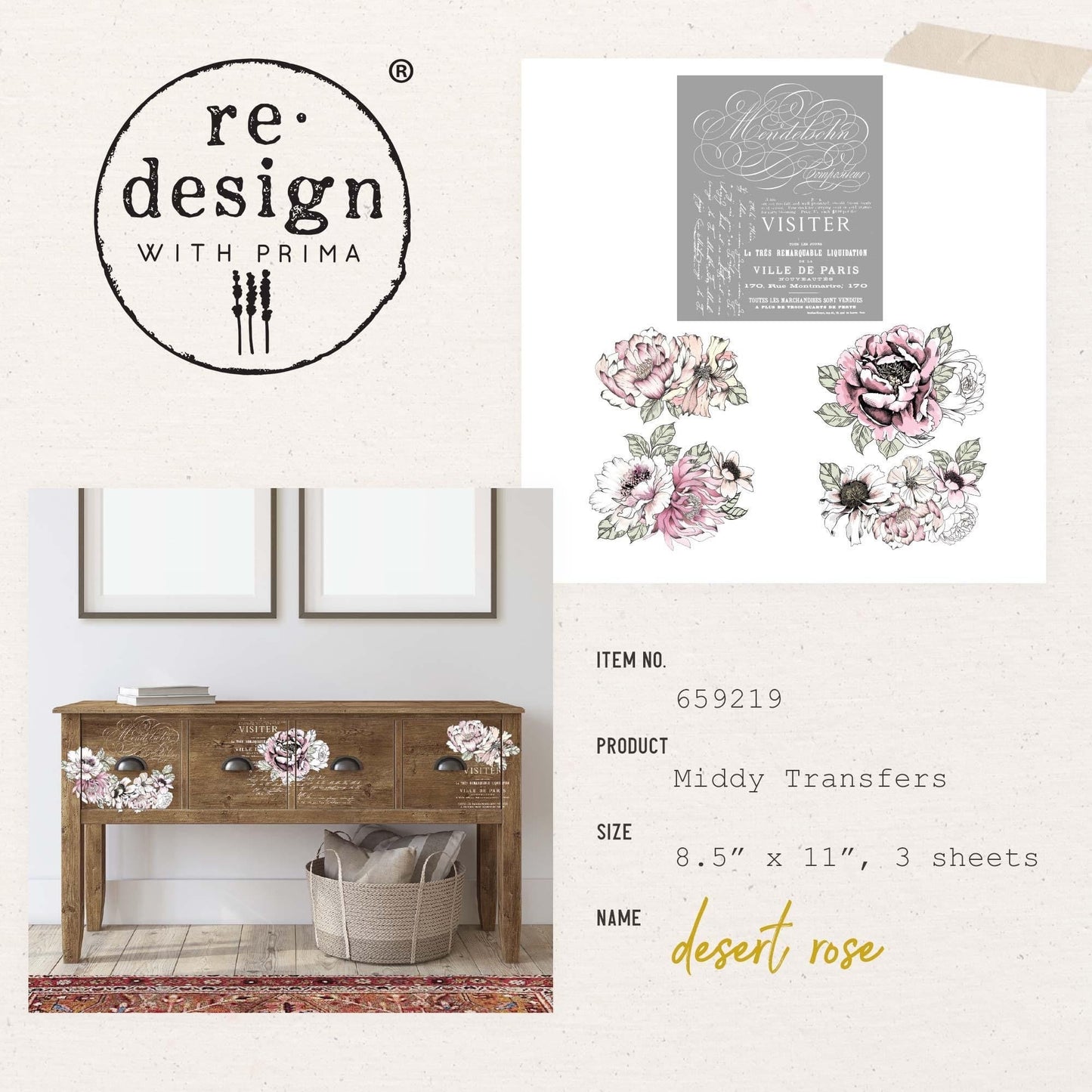 Middy Decor Transfers® - Desert Rose | 3 sheets, 8.5”x11” | Redesign with Prima
