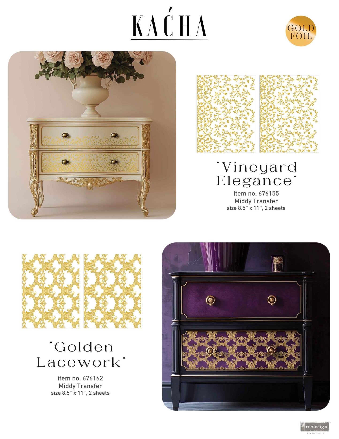 Middy Decor Transfers® - Vineyard Elegance Foil | Kacha | 2 sheets, 8.5 x 11”| Redesign with Prima