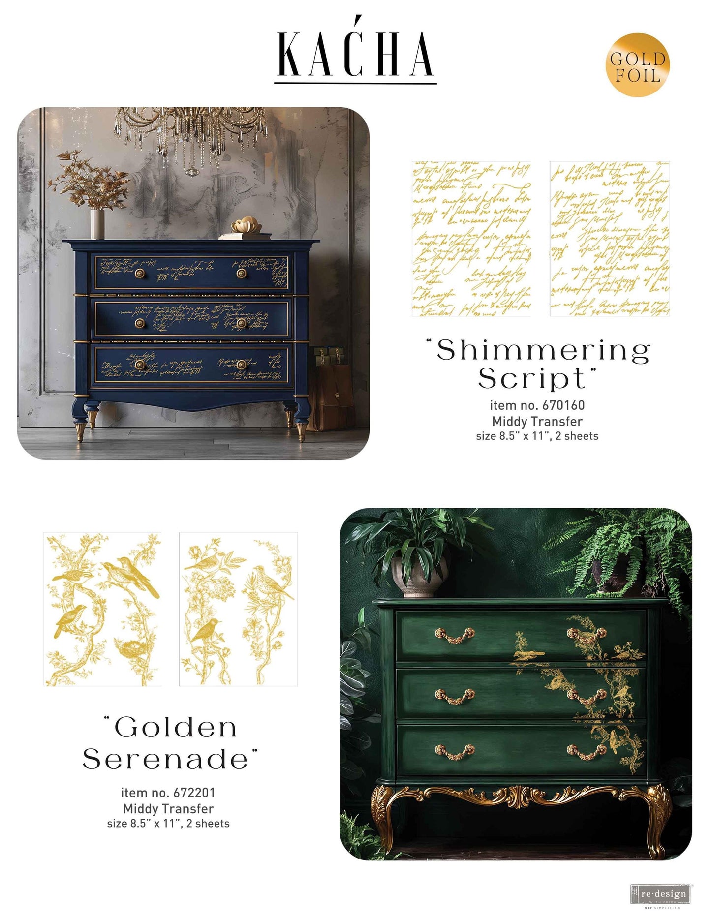 Middy Decor Transfers® - Golden Serenade Foil | Kacha | 2 sheets, 8.5”x11” | Redesign with Prima