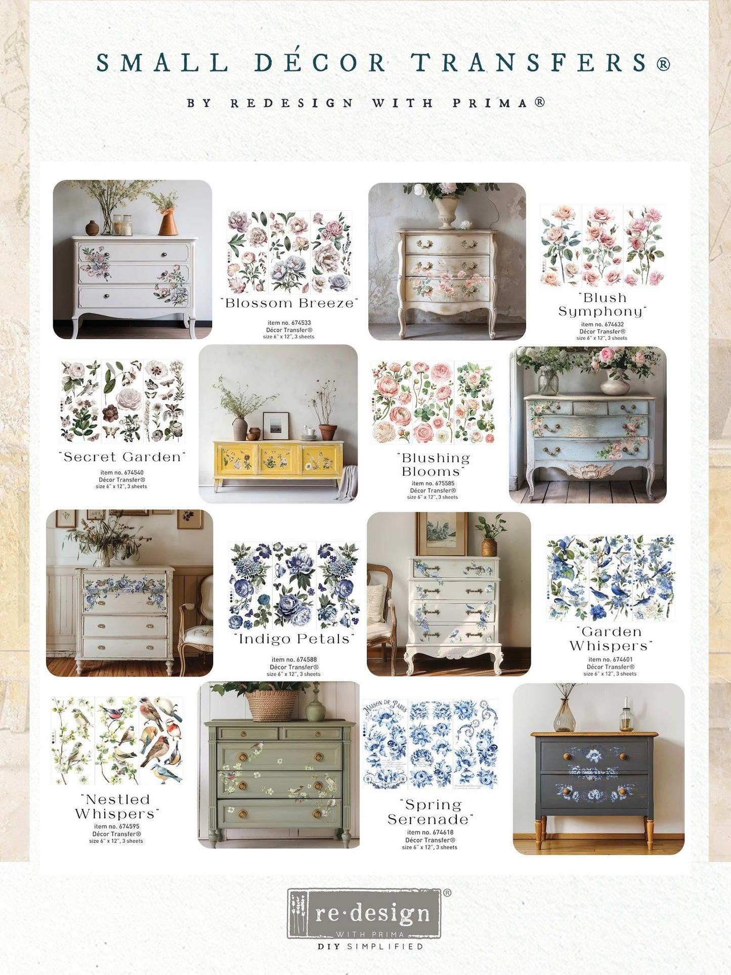 Mini Decor Transfers® - Blushing Blooms | 3 sheets, 6” x 12” | Redesign with Prima