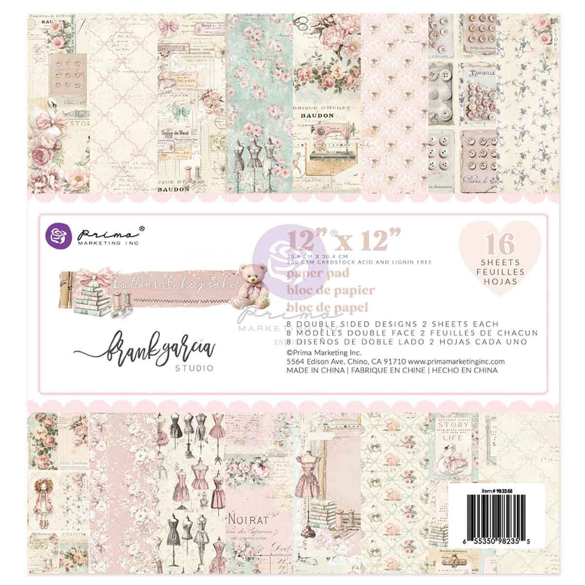 Buttons & Keepsakes Collection 12”x12” Paper Pad | 16 sheets | Frank Garcia | Prima Marketing Inc