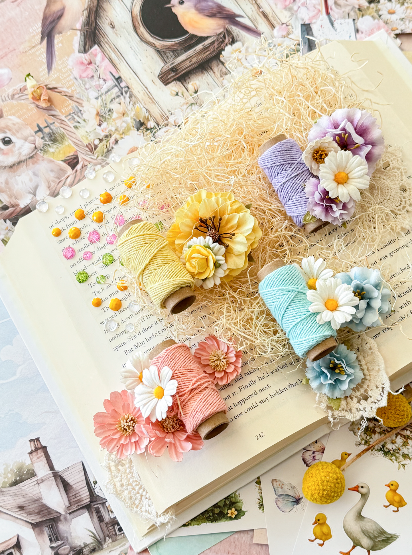 Among the Wildflowers Collection Yarn Spools | 4 colors | Three Girls Tale | Prima Marketing Inc