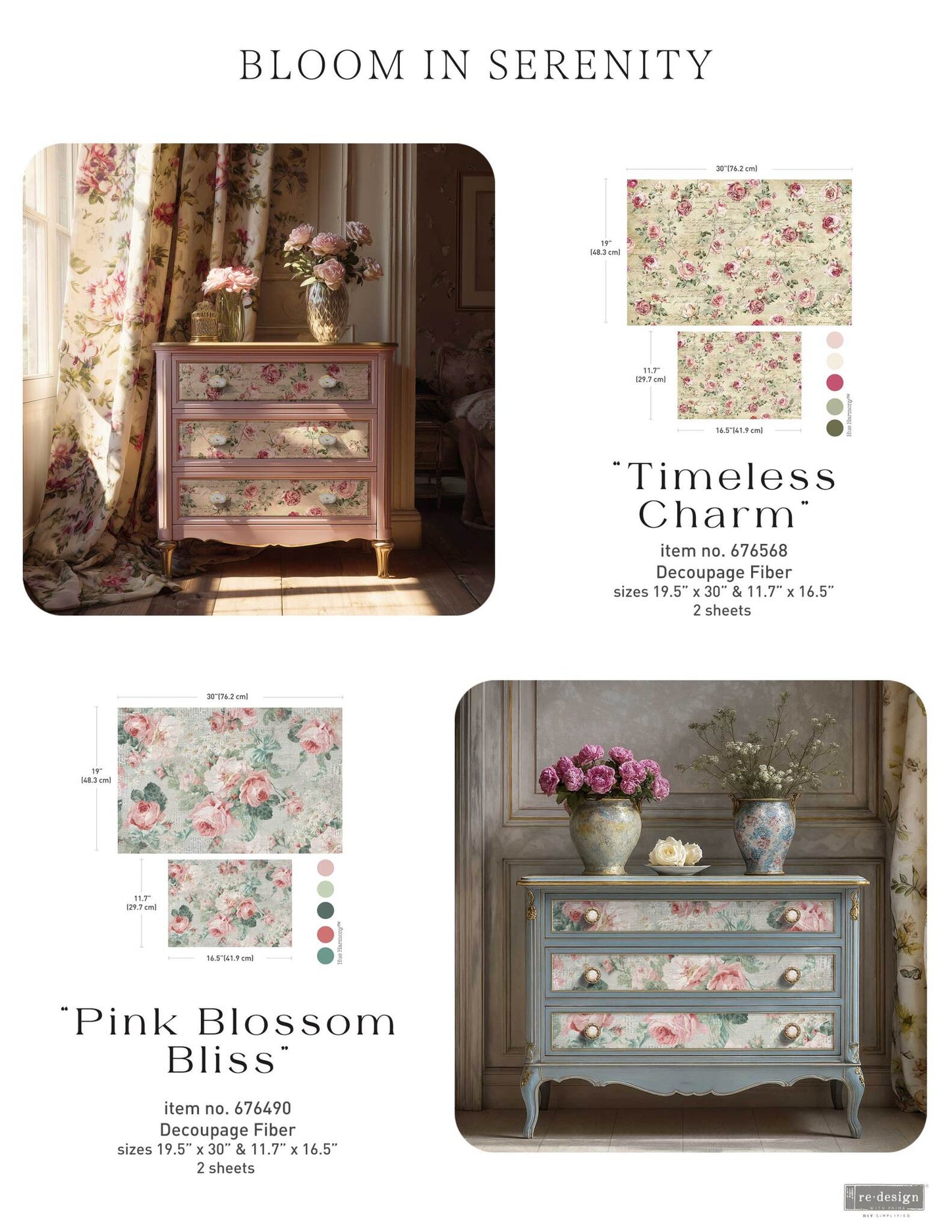 Double Delight Decoupage Fiber Paper Set - Pink Blossom Bliss | 2 sizes | Redesign with Prima