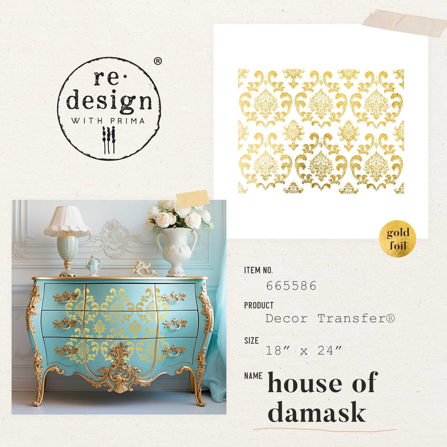 Large Decor Transfers® - House of Damask | Gold Foil Kacha | 2 sheets, 18”x24” | Redesign with Prima