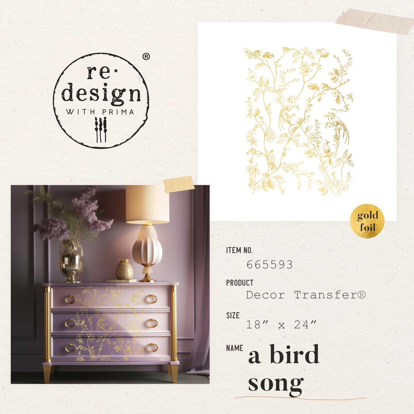 Large Decor Transfers® - A Bird Song | Gold | Kacha | 2 pcs, 18 x 24” | Redesign with Prima