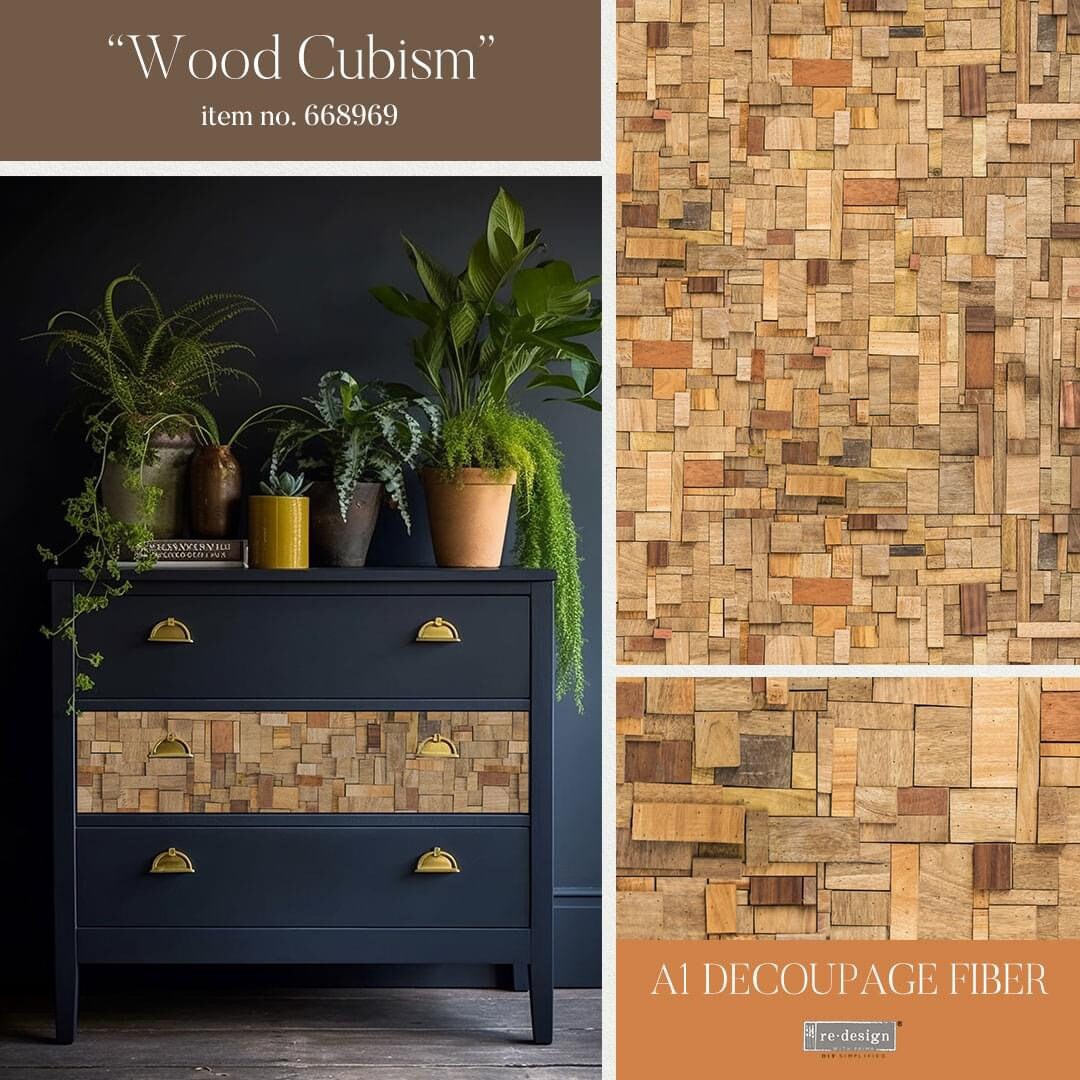 A1 Decoupage Fiber - Wood Cubism | 1 sheet, 23.4” x 33.1” | Redesign with Prima