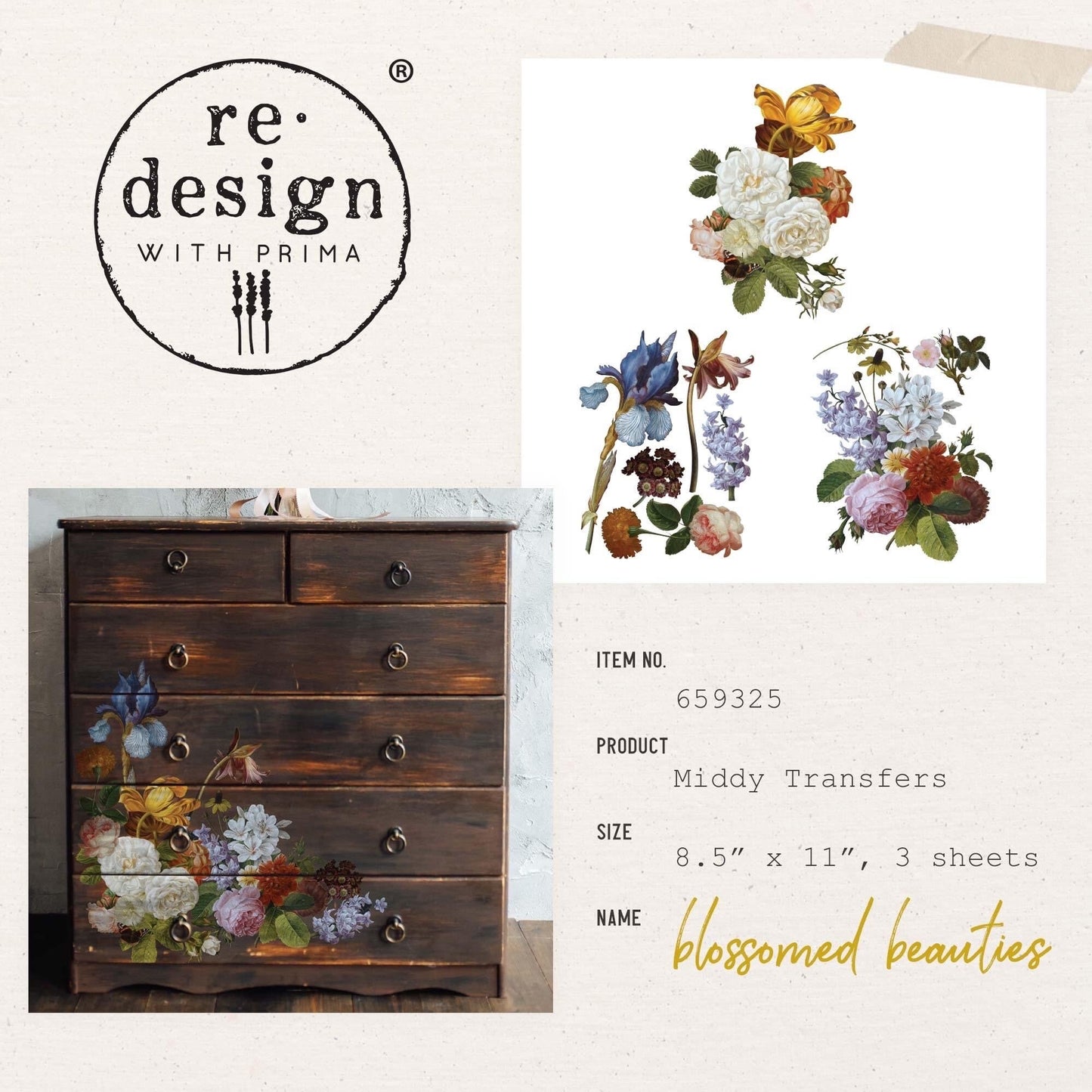 Middy Decor Transfers® - Blossomed Beauties | 3 sheets, 8.5”x11” | Redesign with Prima