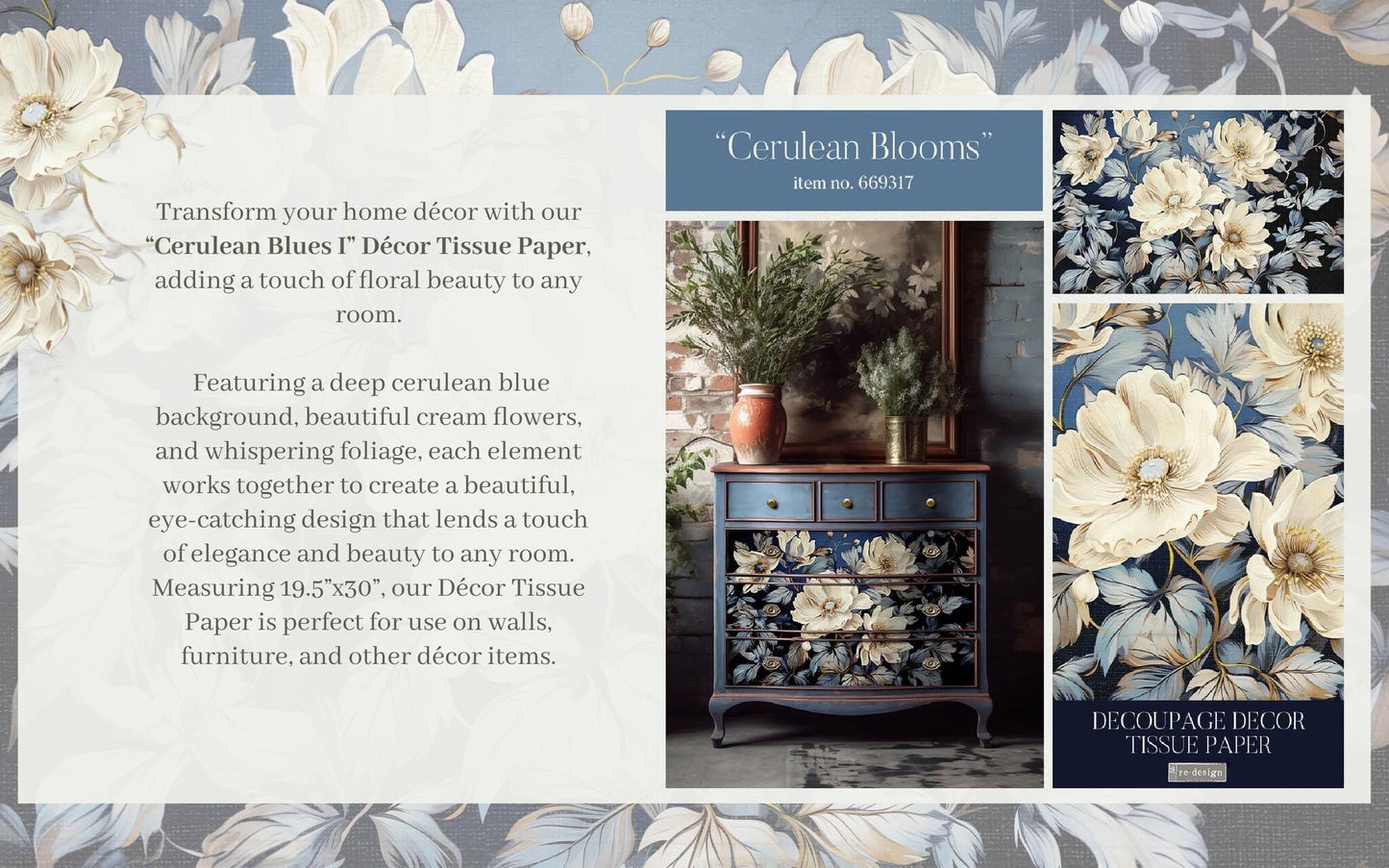 Decoupage Tissue Paper - Cerulean Blooms I | 1 pc, 19.5”x30” | Redesign with Prima