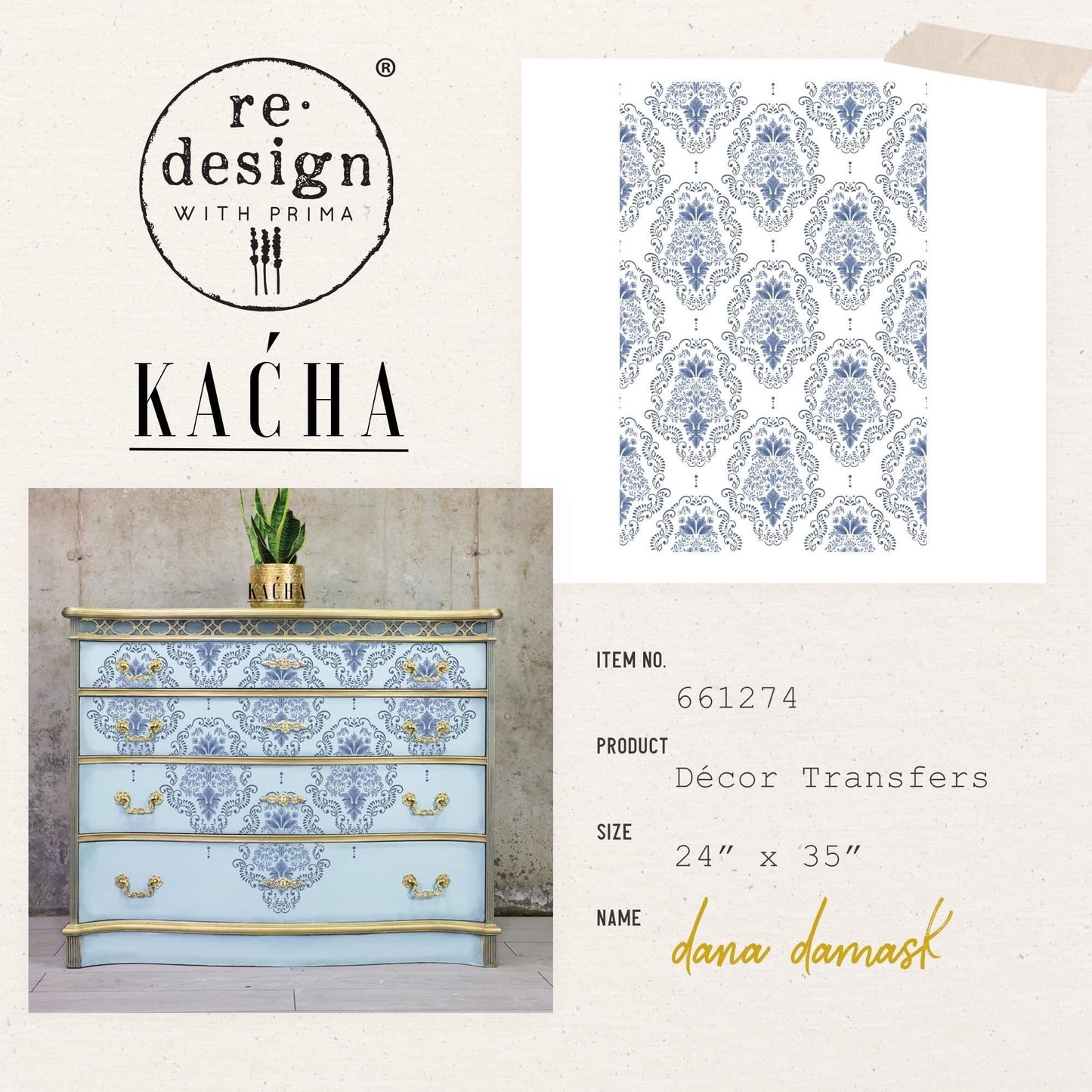 Large Decor Transfers® - Dana Damask | Kacha |  24”x35”, 2 sheets | Redesign with Prima