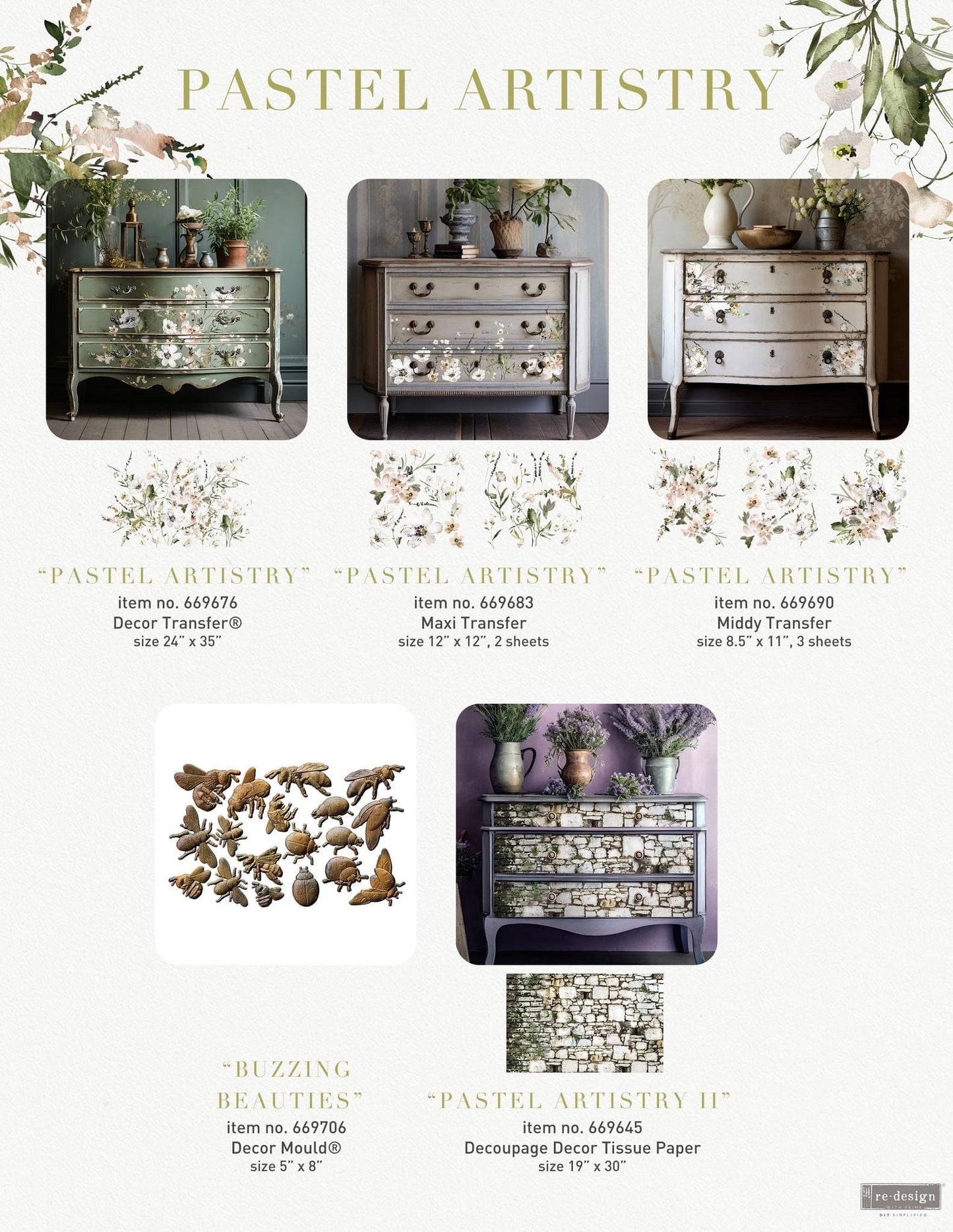 Middy Decor Transfers® - Pastels Artistry | 3 sheets, 8.5”x11”| Redesign with Prima