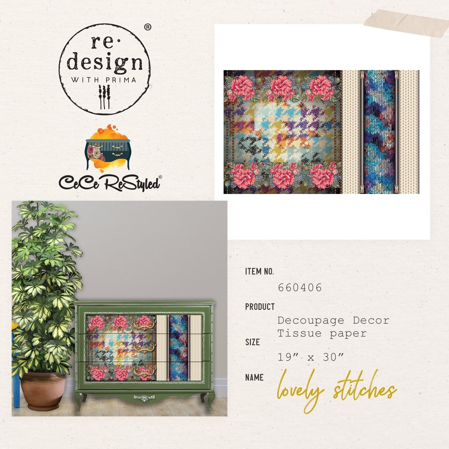 Decoupage Tissue Paper - Lovely Stitches | 19.5x30” | Redesign with Prima