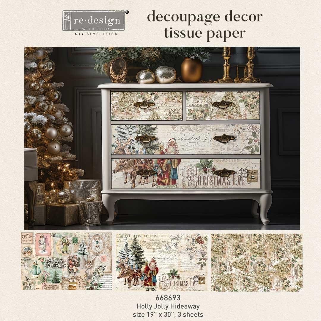 Decoupage Tissue Paper Pack - Holly Jolly Hideaway | 3 sheets, 19.5”x30” each | Christmas-themed | Re•design with Prima