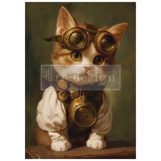 A1 Decoupage Fiber - Clockwork Kitty | 23.4”x33.1” | Steampunk | Redesign with Prima