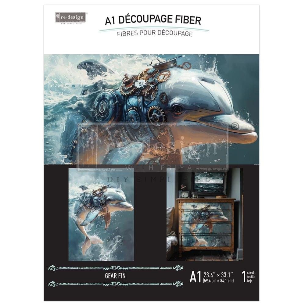 A1 Decoupage Fiber - Gearfin | 23.4”x33.1” | Steampunk | Redesign with Prima