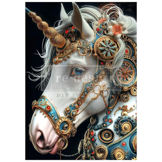 A1 Decoupage Fiber - Technicorn | 23.4”x33.1” | Steampunk Unicorn | Redesign with Prima