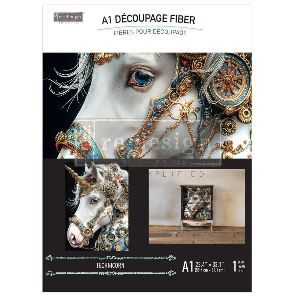 A1 Decoupage Fiber - Technicorn | 23.4”x33.1” | Steampunk Unicorn | Redesign with Prima