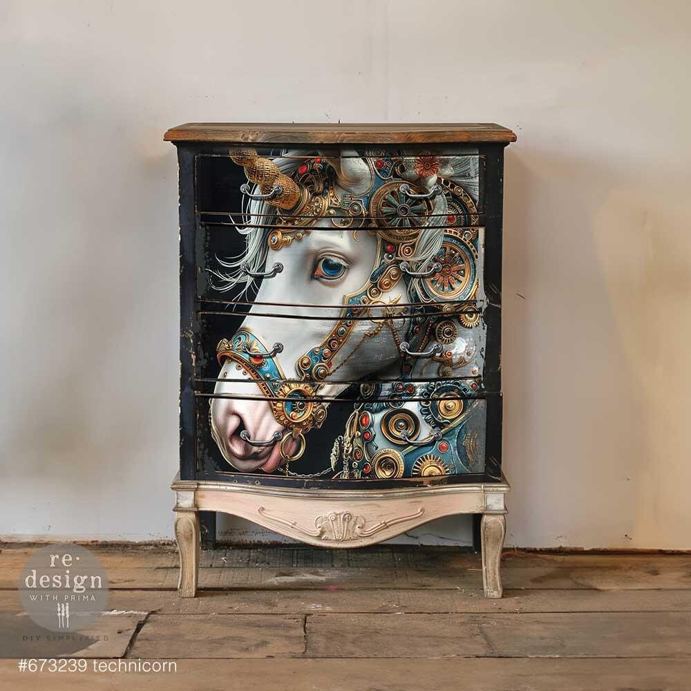 A1 Decoupage Fiber - Technicorn | 23.4”x33.1” | Steampunk Unicorn | Redesign with Prima