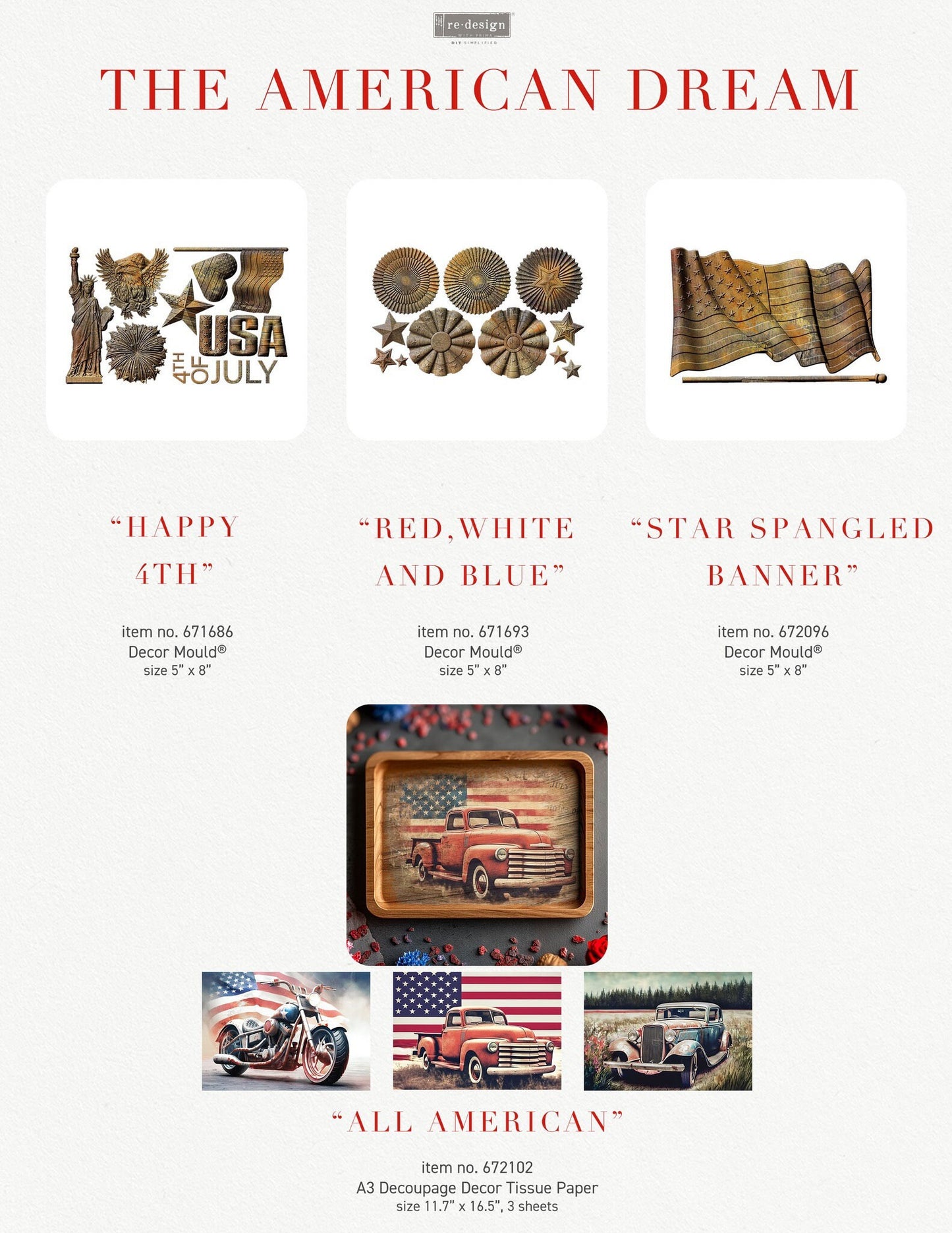 A3 Decoupage Fiber - All American | 3 sheets, 11.7” x 16.5” | Americana decor | Redesign with Prima