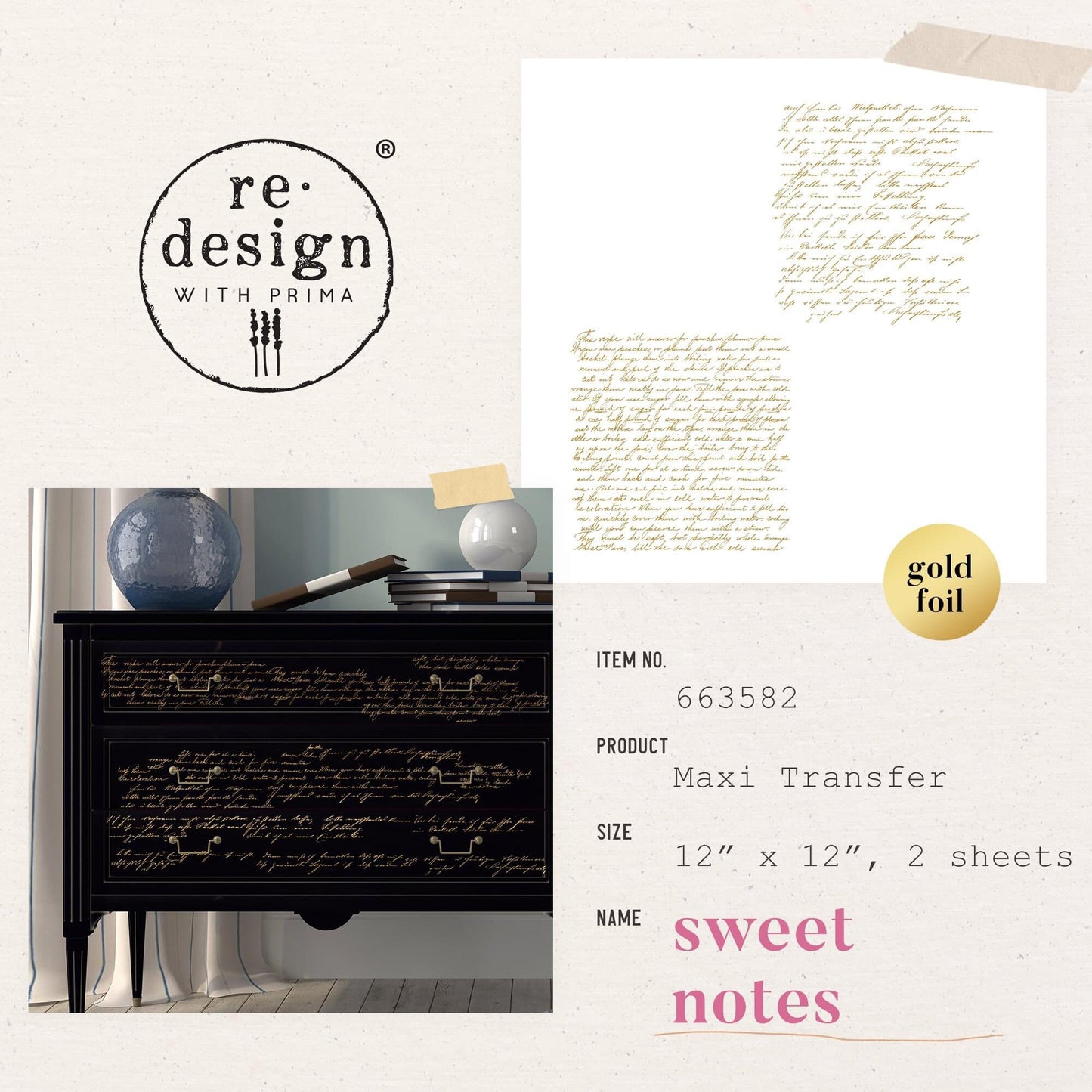 Maxi Decor Transfers® - Sweet Notes | 2 pc-12x12 | Gold foil | Redesign with Prima