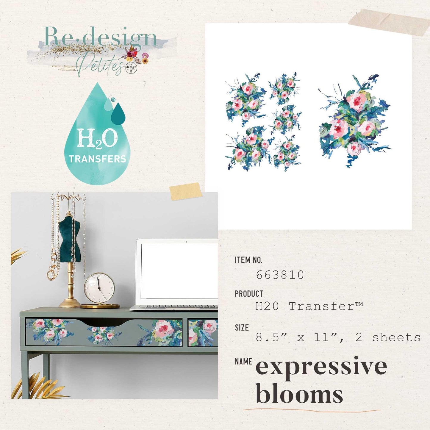 H2O Decor Transfer - Expressive Blooms | 8.5"x11"-2 sheets | Redesign with Prima