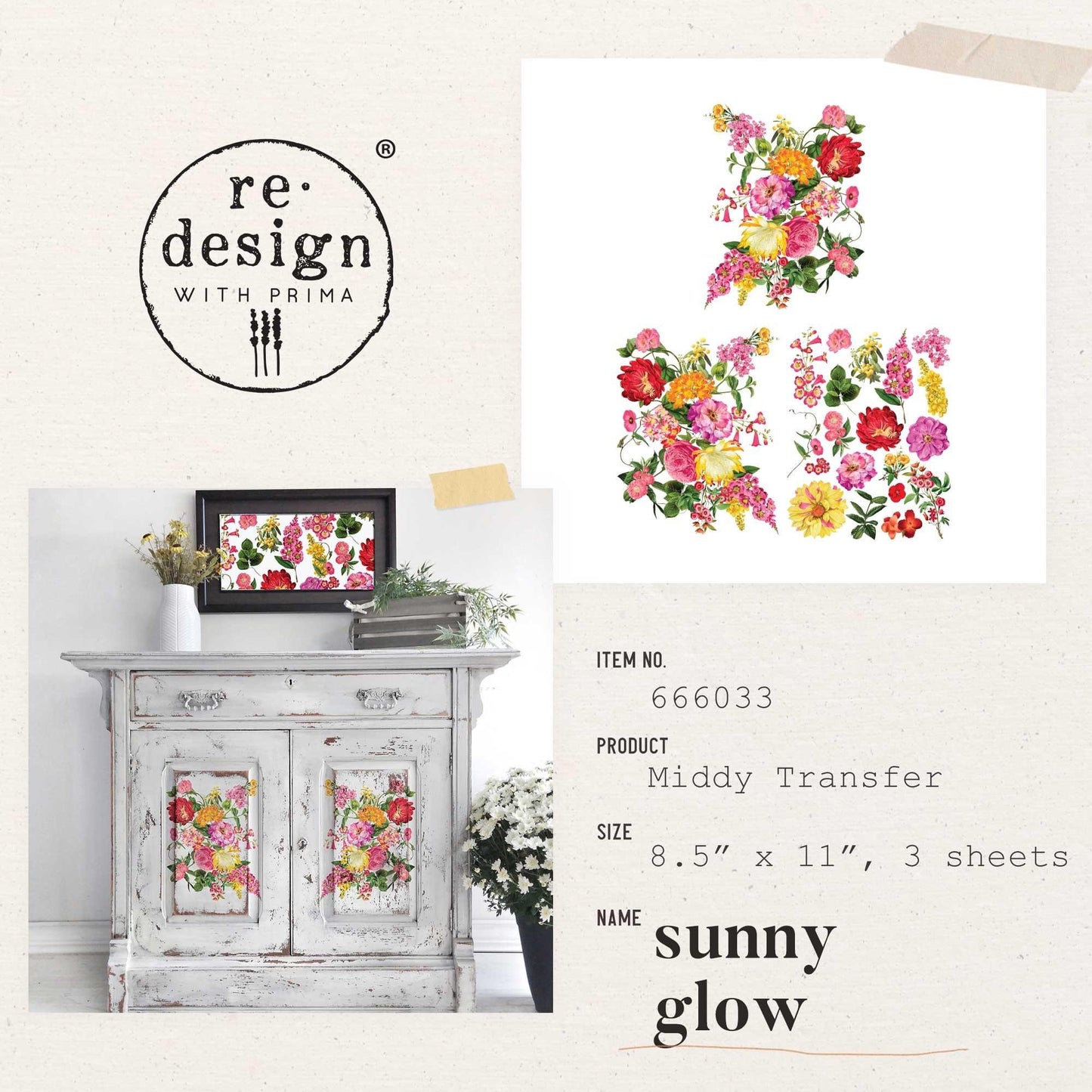 Middy Decor Transfers® - Sunny Glow | 3 sheets, 8.5”x11” | Redesign with Prima