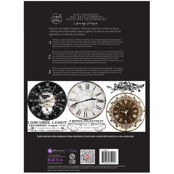 Middy Decor Transfers® - Vintage Clocks | 3 sheets, 8.5 " x 11” | Redesign with Prima