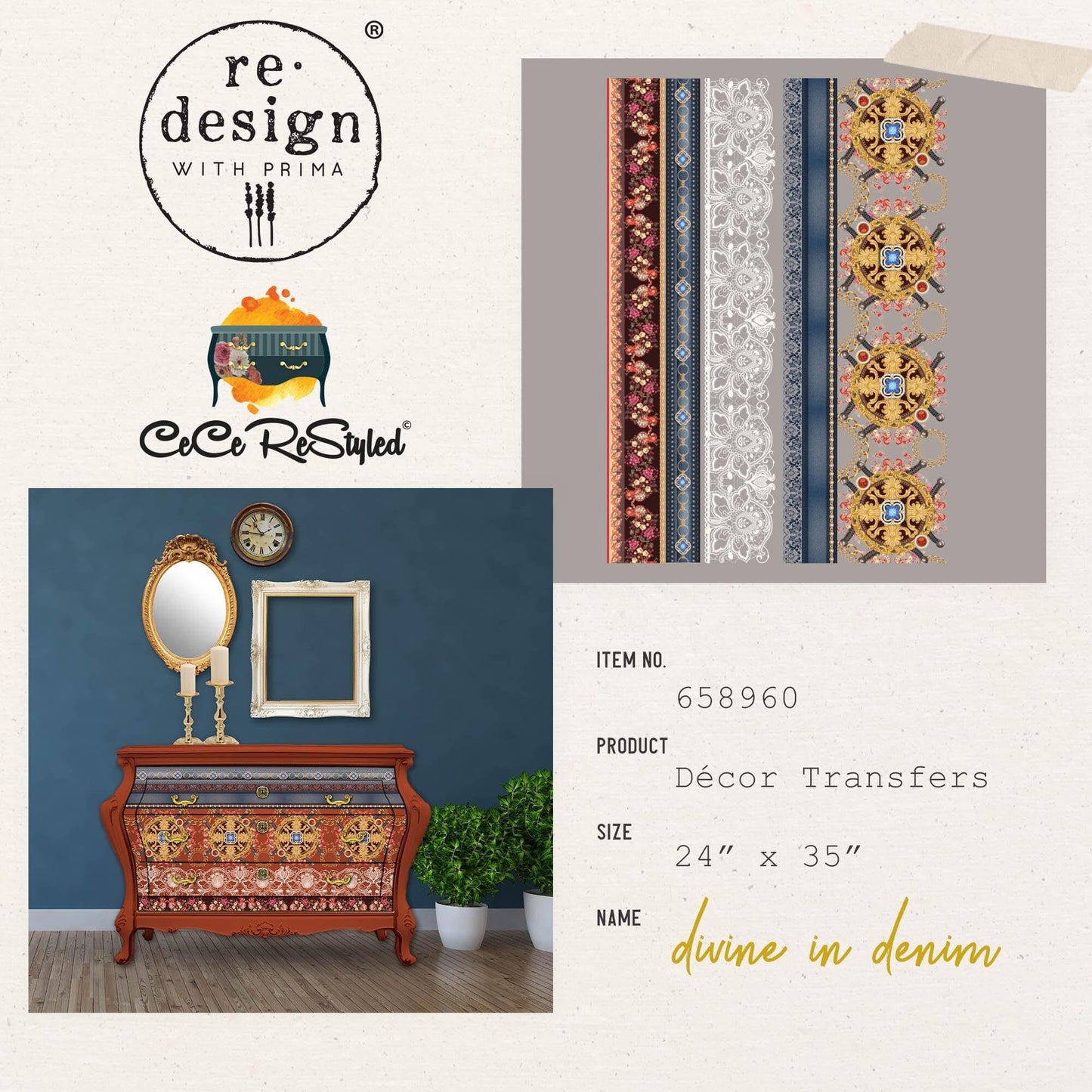 Large Decor Transfers® - Divine in Denim | Reduced Price | 3 sheets, 24” x 35” | Redesign with Prima