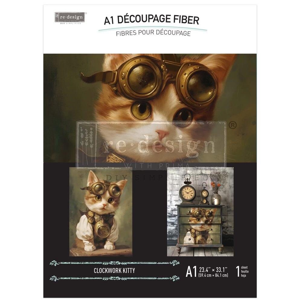 A1 Decoupage Fiber - Clockwork Kitty | 23.4”x33.1” | Steampunk | Redesign with Prima