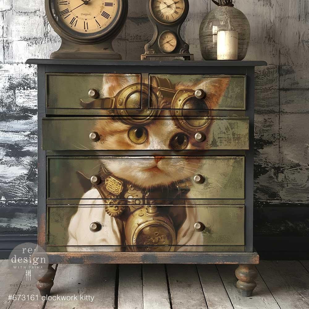 A1 Decoupage Fiber - Clockwork Kitty | 23.4”x33.1” | Steampunk | Redesign with Prima