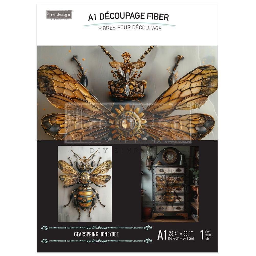 A1 Decoupage Fiber - Gearspring Honeybee | Steampunk | 23.4 x 33.1”|Redesign with Prima