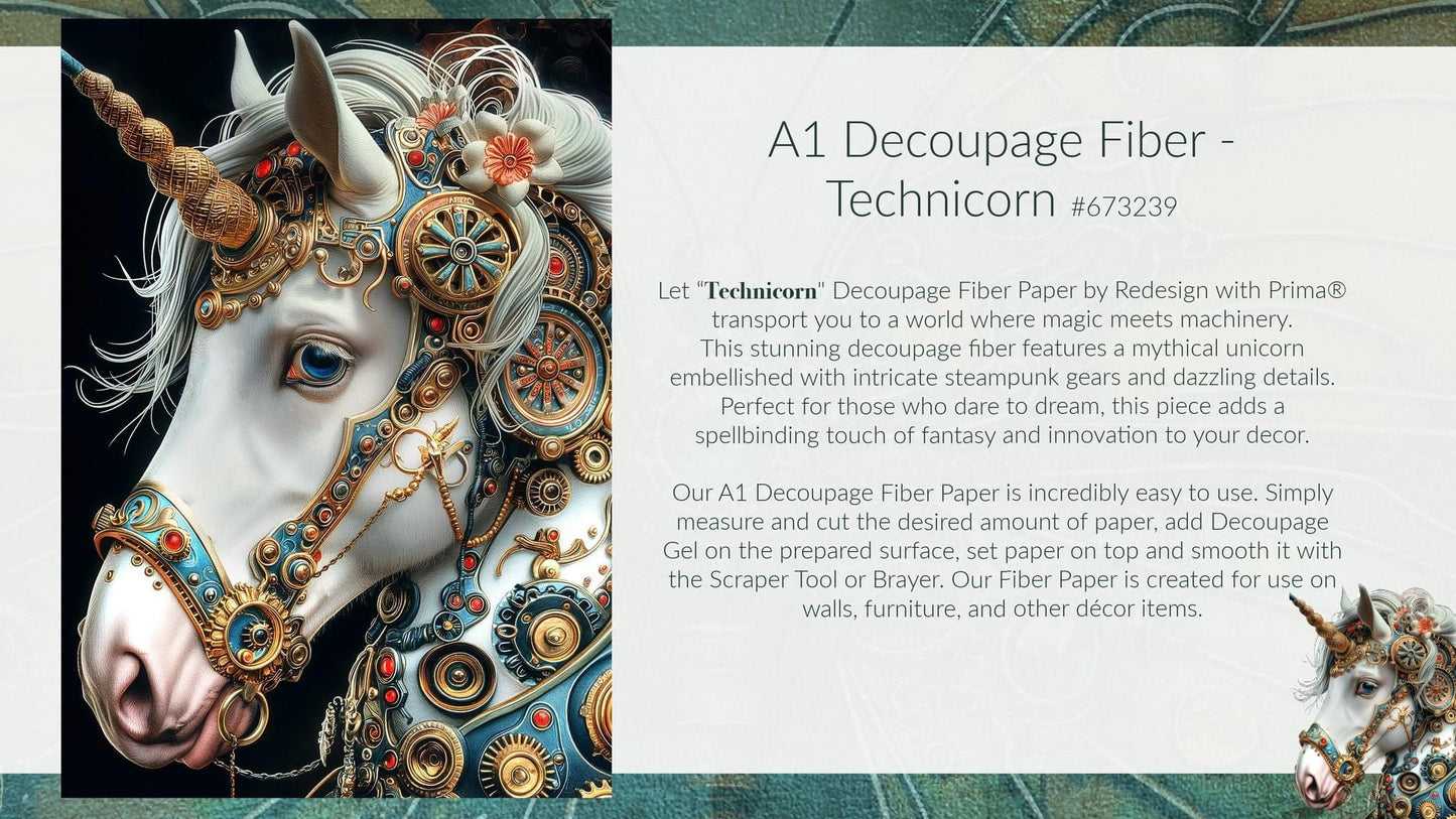 A1 Decoupage Fiber - Technicorn | 23.4”x33.1” | Steampunk Unicorn | Redesign with Prima