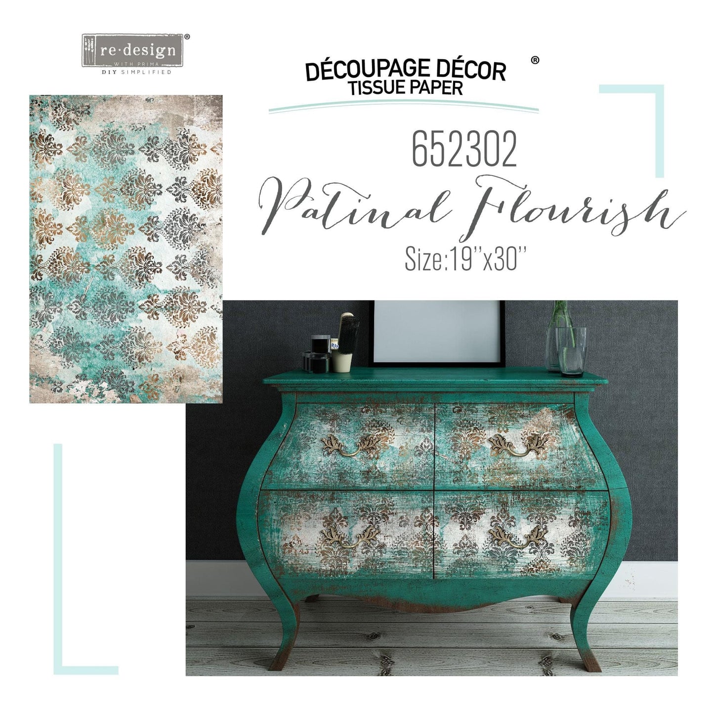 Decoupage Tissue Paper - Patina Flourish | 19.5x30” | Redesign with Prima