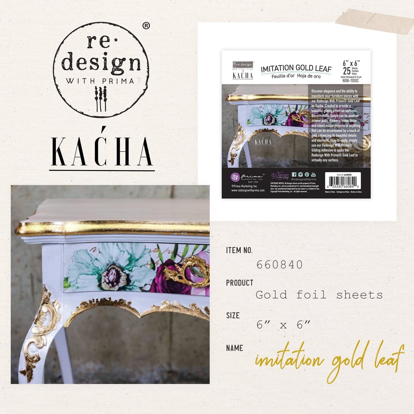 Imitation Gold Leaf | Kacha | 1 pkg, 5.5”x5.5”x25 sheets| Redesign with Prima