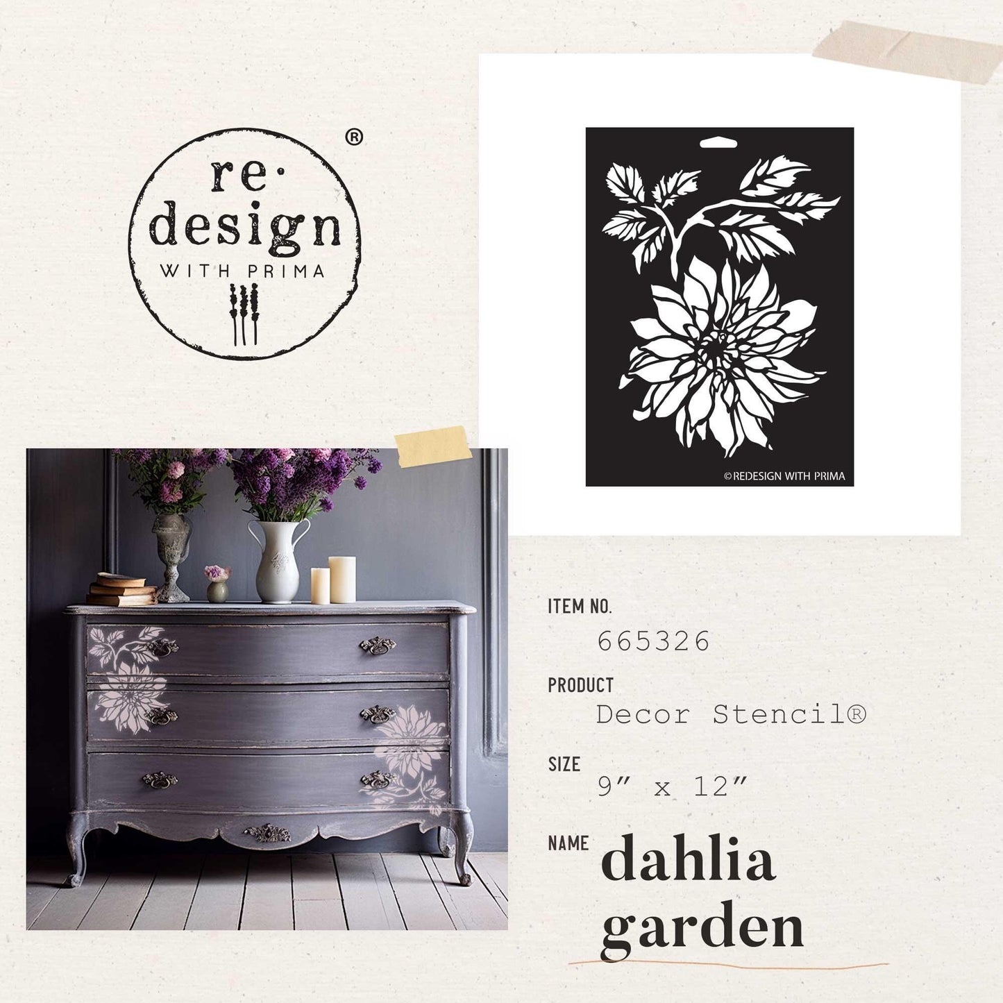 Decor Stencil - Dahlia Garden | 1 pc-9”x12” | Redesign with Prima