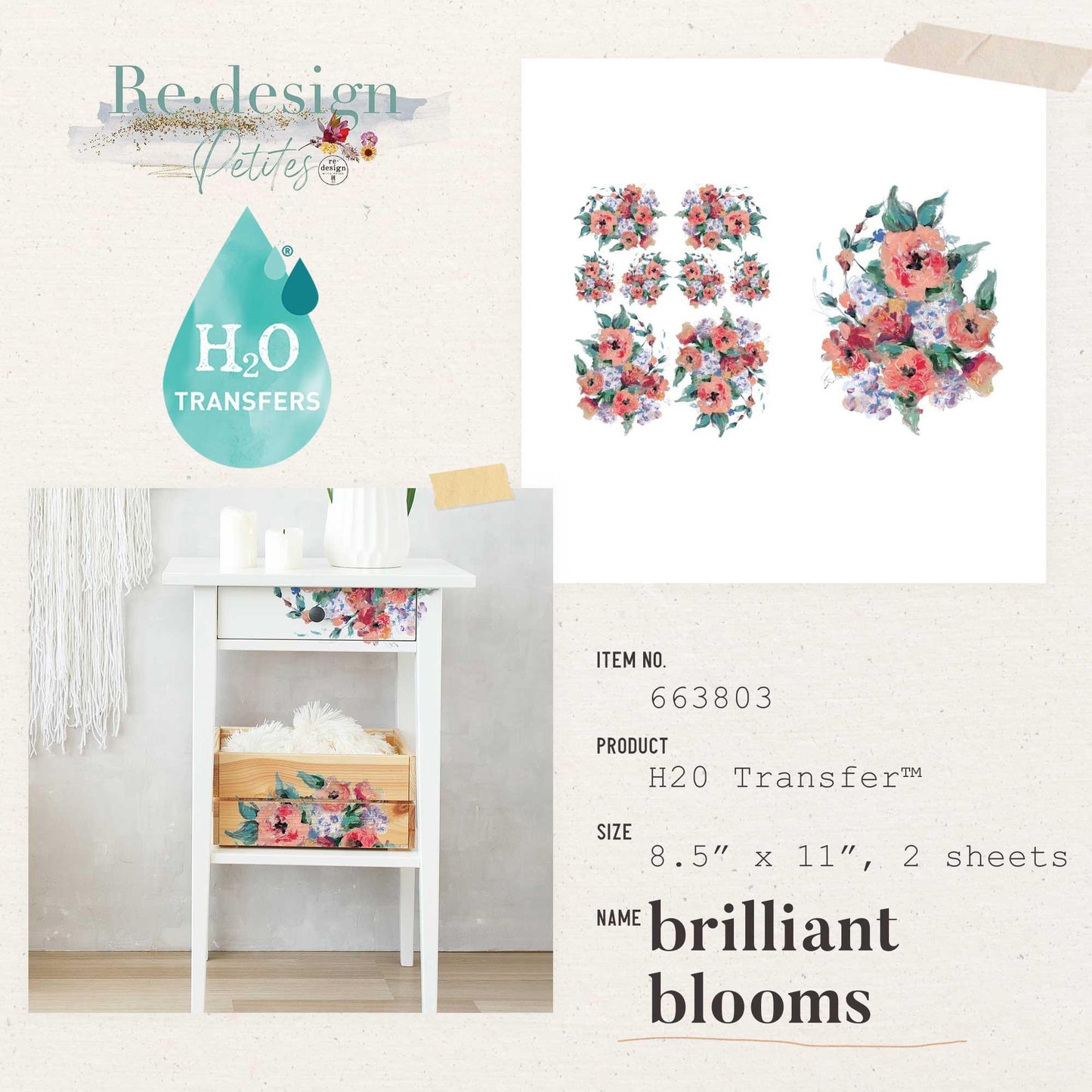 H2O Transfer - Brilliant Blooms | 8.5"x11" | Redesign with Prima