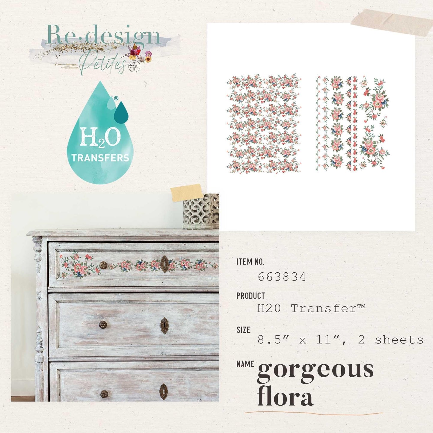 Gorgeous Flora H2O Transfer | 8.5"x11"-2 sheets | Redesign with Prima