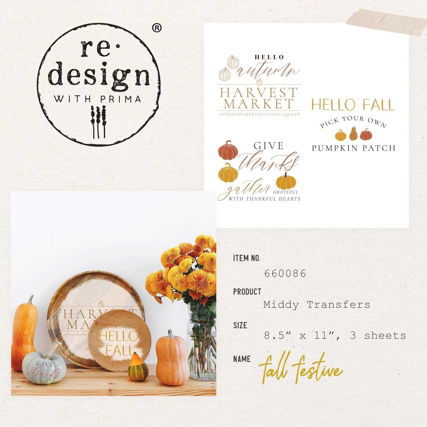 Middy Decor Transfers® - Fall Festive | 3 sheets, 8.5x11” | Redesign with Prima