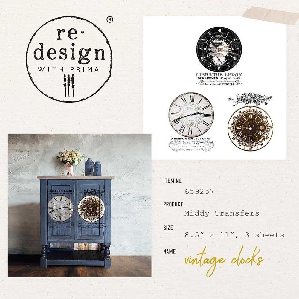 Middy Decor Transfers® - Vintage Clocks | 3 sheets, 8.5 " x 11” | Redesign with Prima
