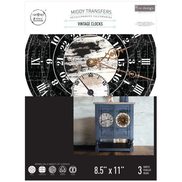 Middy Decor Transfers® - Vintage Clocks | 3 sheets, 8.5 " x 11” | Redesign with Prima