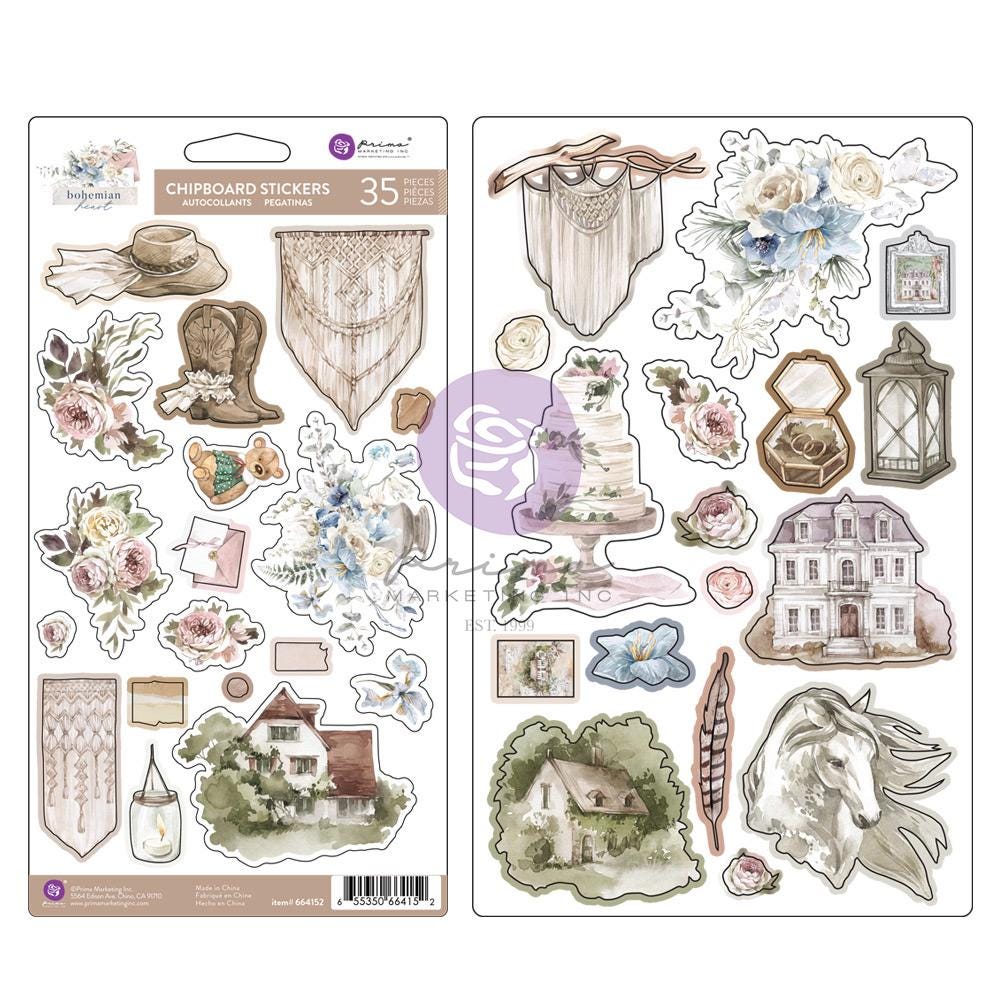 Bohemian Heart Collection Chipboard Stickers | Pkg-35 pcs | Prima Marketing Inc.