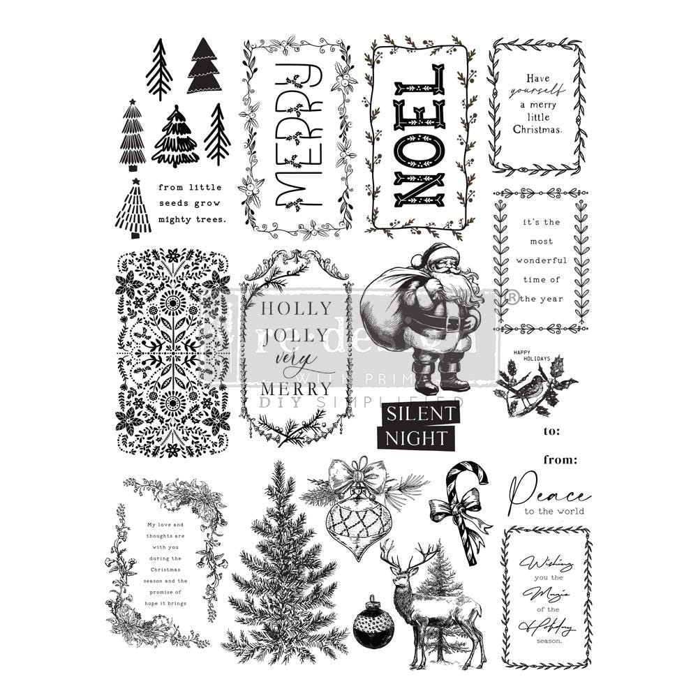 Merry & Bright Decor Clear Stamp, 9”x12” | Christmas themed | Redesign with Prima