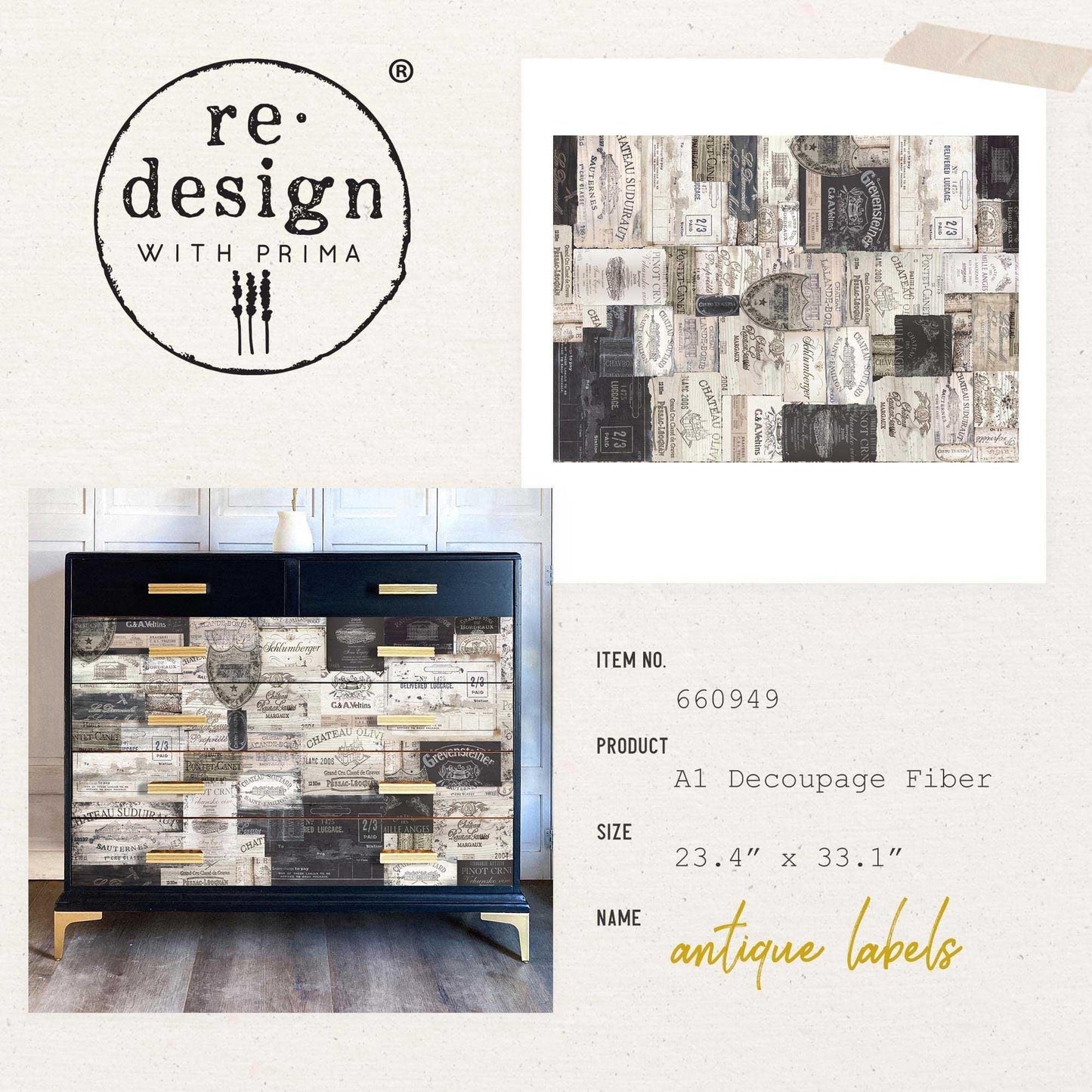 A1 Decoupage Fiber - Antique Labels | 1 sheet, 23.4”x33.1” | Redesign with Prima