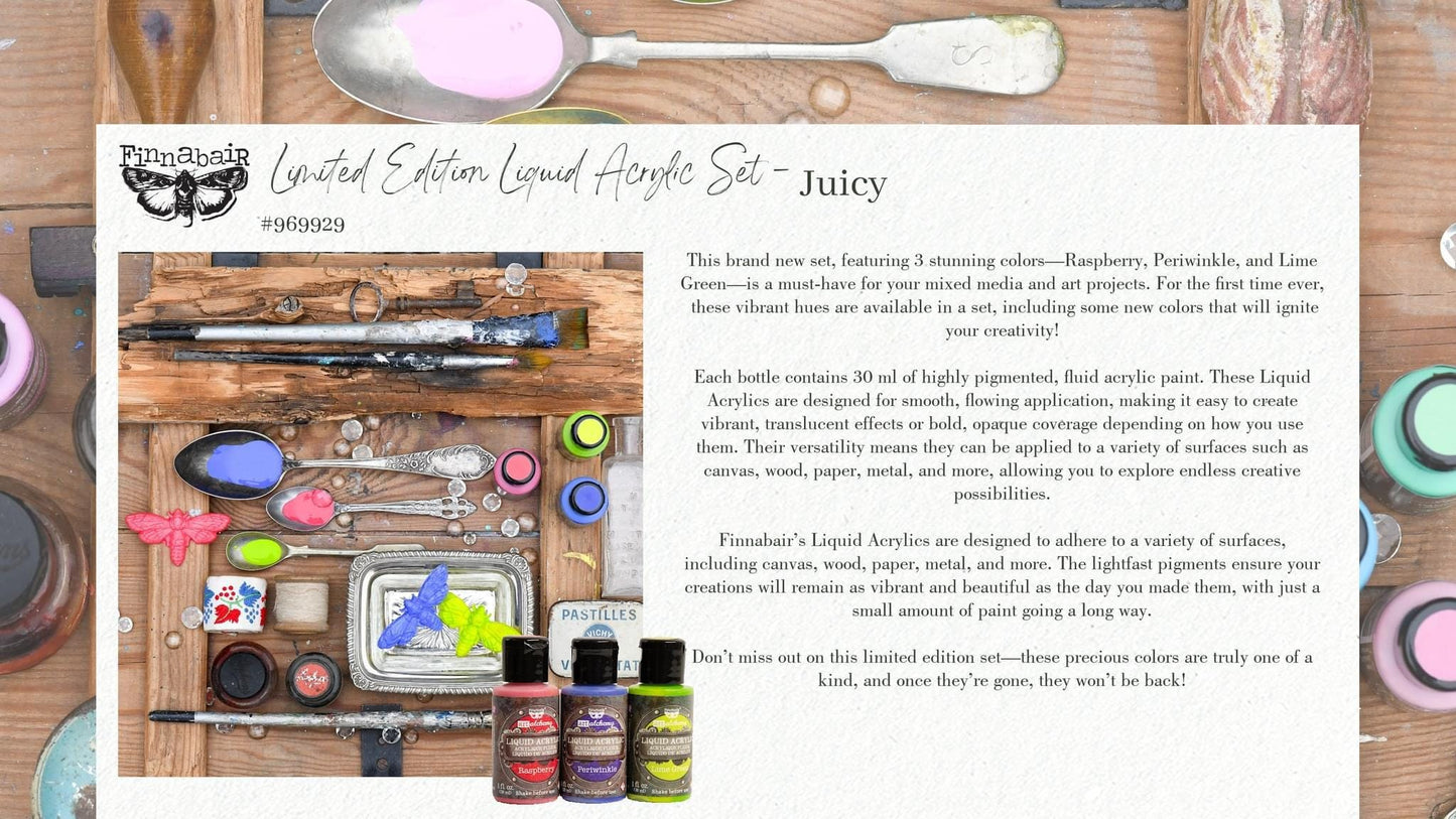 Liquid Acrylic Paint Set - Juicy | 3 bottles, 30mL each | Finnabair | Redesign with Prima