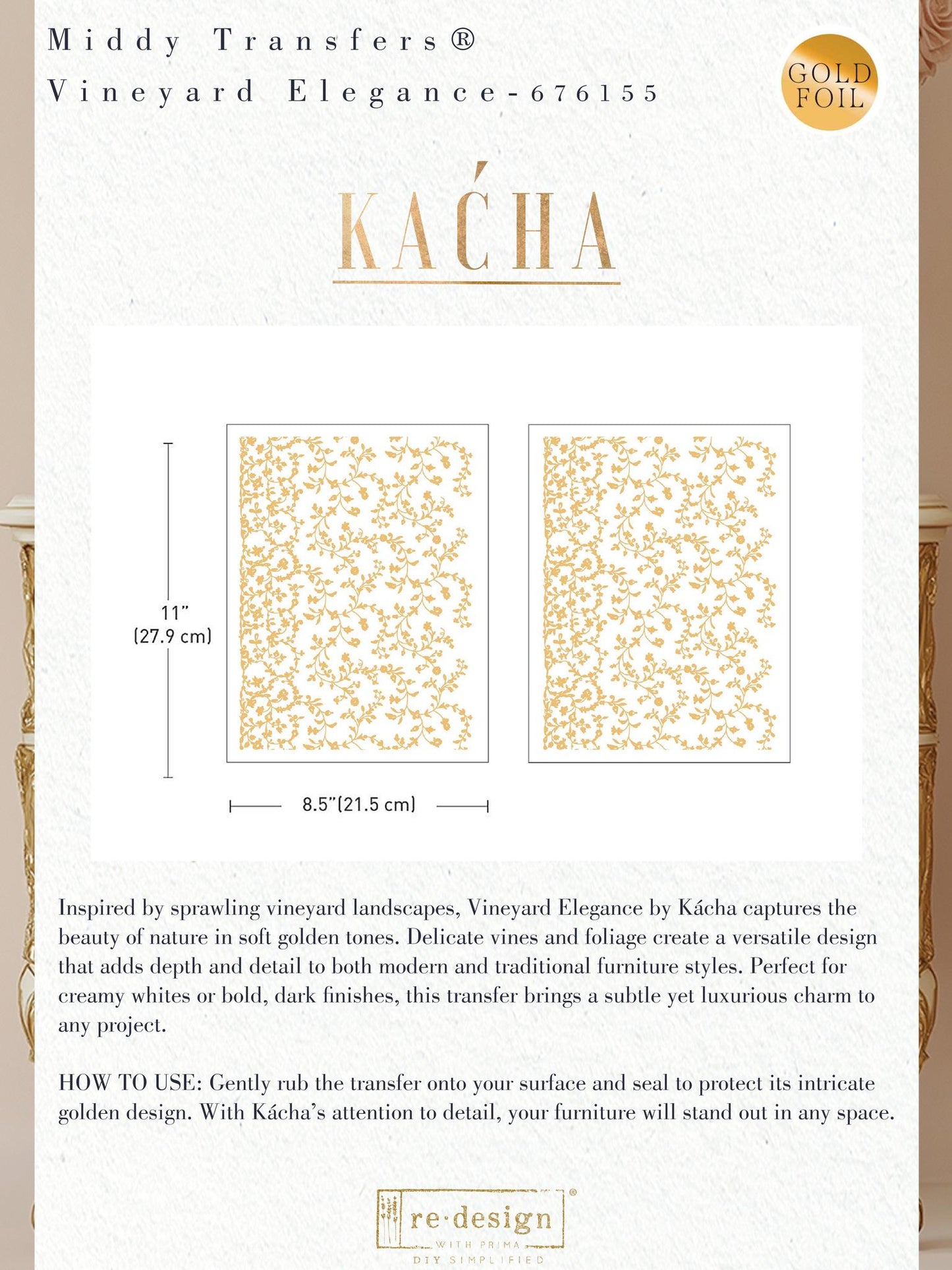 Middy Decor Transfers® - Vineyard Elegance Foil | Kacha | 2 sheets, 8.5 x 11”| Redesign with Prima