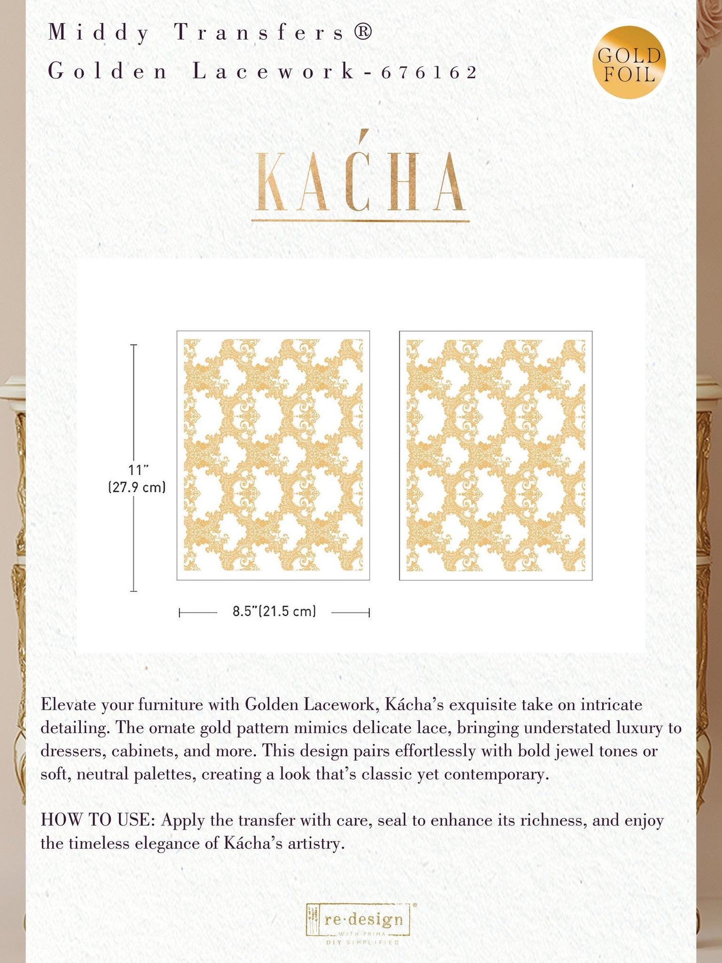 Middy Decor Transfers® - Golden Lacework Foil | Kacha | 2 sheets, 8.5 x 11” | Re•design with Prima